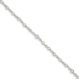 Sterling Silver FW Cultured Pearl and Heart Anklet, 9-10 Inch
